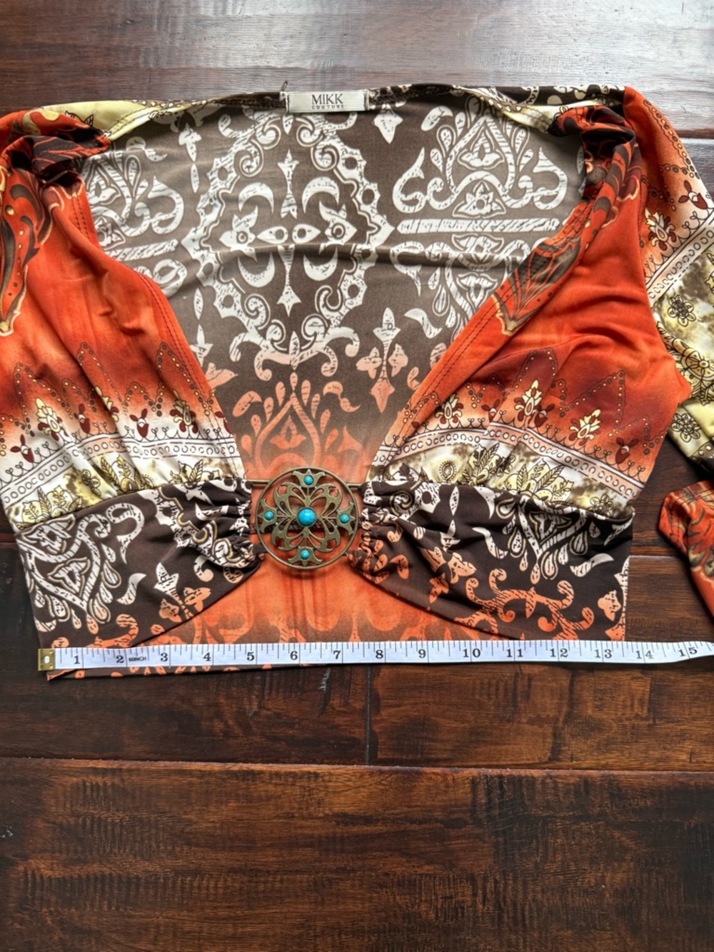 Vintage Y2K Made in USA Orange Paisley Stretch Crop Top with Decorative Buckle - Picture 8 of 8